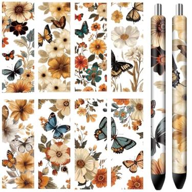 Imagem de CRASPIRE 48 peças UV DTF Pen Wraps Transfer Decalque 8 Estilos Borboleta Flores Floral 4,7 × 1,15 cm Impressão HD Impermeável Adesivos de Papel Revestido para Lápis Branco Personalizado, Artesanato