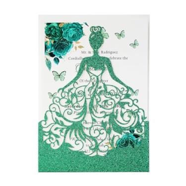 Imagem de KUCHYNEE Kit de convites de quinze anos com glitter verde 50 peças, 13 x 18,5 cm, corte a laser, vazado, convites de princesa quinze anos com envelopes para convites de 16 anos de casamento XV Años