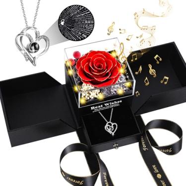 Imagem de Pasuvsigt Presentes para mulheres - Colar de coração rosa real preservada com I Love You, música e luzes LED em 100 idiomas, aniversário romântico/aniversário/ação de graças para mulheres e namorada