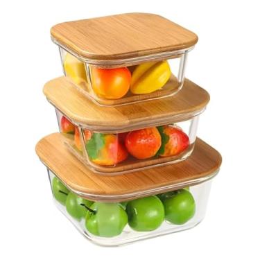 Imagem de Kit Pote Hermético 3 Pçs Vidro Tampa Bambu 320ml 500ml 800ml