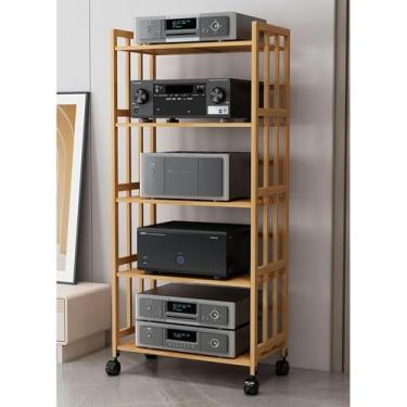 Imagem de LGEOELIAS Suporte de mídia de 2/3/4/5 níveis Suporte de áudio para leitor de CD, armário de armazenamento de componentes estéreo móvel com prateleira de madeira ajustável em altura para casa