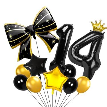 Imagem de Balões pretos e dourados de 101 cm, 14 números, coroa, balões pretos e dourados para decorações de festa de aniversário de 14 anos, suprimentos de decorações de aniversário (14)