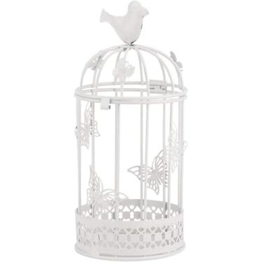 Imagem de Lanterna de metal vintage para gaiola de pássaro – Peça central decorativa de ferro rústico para casamento, casa e mesa, decoração de gaiola de pássaro antiga com detalhes de borboleta (branca)