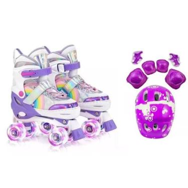 Imagem de Patins Infantil Quad Ajustável+ Kit Proteção Rodas Led, Roxo, 36-38