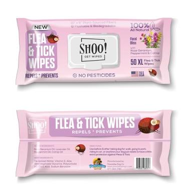 Imagem de Toalhetes de pulgas e carrapatos para cães | Proteção conveniente e fácil em movimento | À base de plantas, óleos naturais, sem produtos químicos | Repele e previne | 50 lenços XL | (Floral Bliss)