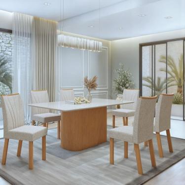 Imagem de Conjunto Luar 170cm Tampo MDF com Vidro e 6 Cadeiras Apogeu Amêndoa Clean/Off White/Bege