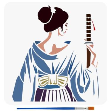 Imagem de FINGERINSPIRE Estêncil feminino samurai oriental com pincel de pintura 30 x 30 cm modelo de desenho espadachim reutilizável samurai feminino com padrão de espada para pintura em móveis de tecido de
