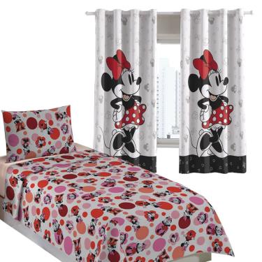 Imagem de Kit Quarto Infantil Minnie Mouse Cortina + Jogo de Cama 100% Algodão 3 Peças Solteiro Personagens