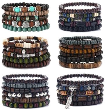 Imagem de FIRAZIO 32 peças de pulseira de contas de madeira para homens ajustável Pulseras Para Hombres Set, pulseira masculina emo cuff wrap presente significativo, 7, Couro, Sem Pedra Preciosa