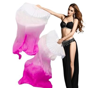 Imagem de Leemiman Par de véus profissionais para fãs de dança do ventre (esquerda + direita), véus de leque de seda sintética de 180 x 90 cm para apresentações de dança oriental (rosa branca)