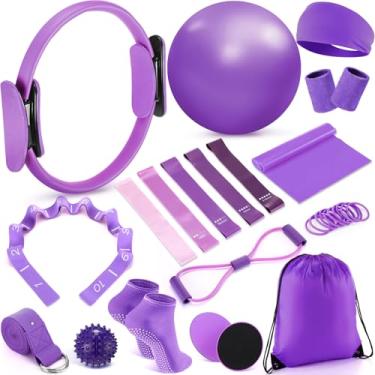 Imagem de Poen Conjunto de 18 peças de anel de pilates para casa, conjunto de círculo e bola de pilates para mulheres, conjunto de ioga fitness com 5 faixas de resistência para alongamento de faixa