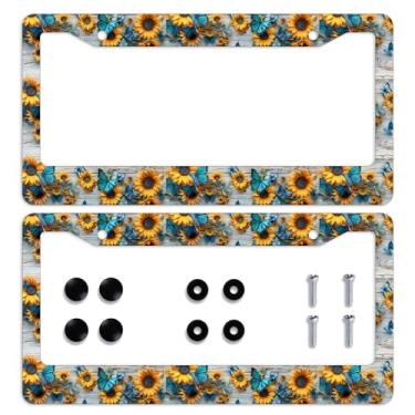 Imagem de Moldura de placa de licença de girassol borboleta placa de madeira flores molduras de placa de licença personalizam peças automotivas de aço inoxidável molduras engraçadas decoração tamanho para