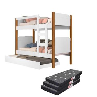 Imagem de Beliche com Escada Cama Auxiliar 100% MDF Reforçada Incluso 3 Colchões