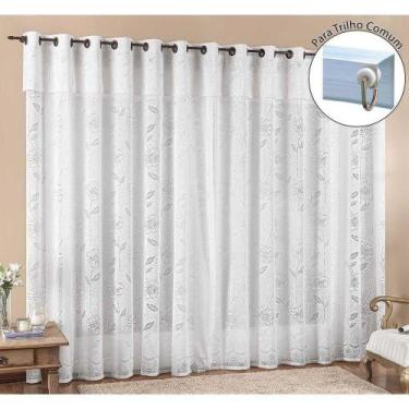 Imagem de Cortina Luna 3 Metros Para Trilho Comum Branca Renda Floral Sala Ou Qu