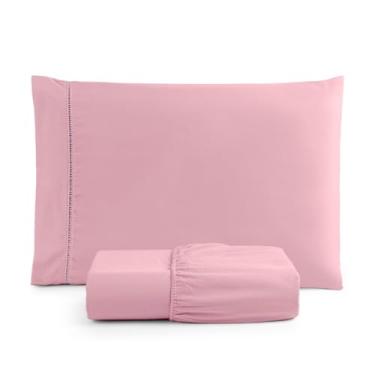 Imagem de Jogo de Lençol Solteiro 2 Peças Micropercal 400 Fios com Ponto Palito, Toque Acetinado de Hotel, Antiácaro, Não Amassa, Lençol com Elástico, Não faz bolinha (Rosê)