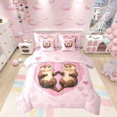 Imagem de Jogo de cama casal casal de 7 peças, desenho animado de lontra, desenho animado de desenho animado de amor, desenho animado de estrela do mar (edredom + lençol de cima + 2 fronhas + 2 fronhas de