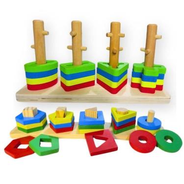 Imagem de Kit Brinquedos Educativos de Madeira Montessori Infantil Pirâmide Form