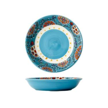 Imagem de Estilo nórdico com utensílios de mesa criativos e requintados de cerâmica de pavão verde pintado à mão - prato de 21 cm de profundidade