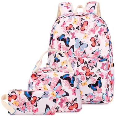 Imagem de Joyfulife Mochilas infantis para meninas, mochilas para adolescentes, mochila para estudantes, mochila com lancheira 3 em 1, Borboleta, rosa, Large, Floral
