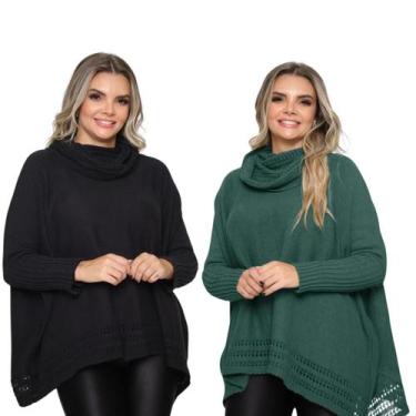 Imagem de Kit 2 Poncho Feminino Tricot Mousse Liso Gola Alta Casaco Lã - Rosilen