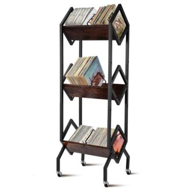 Imagem de Rack de armazenamento de discos de vinil de 3 camadas, prateleira de armazenamento de 150-200 LP, suporte de exibição de disco móvel para álbuns, organizador para revistas, livros e arquivos, suporte