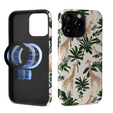 Imagem de Capa para iPhone 15 Pro [compatível com MagSafe], silicone macio brilhante + capa protetora 2 em 1 de policarbonato rígido antiarranhões à prova de choque para mulheres e homens - folhas de girafa