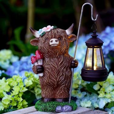 Imagem de Fashionoda Decoração solar de jardim de vaca Highland – Estatuetas para ambientes externos, enfeites de gramado, presentes para aniversário, mãe, avó