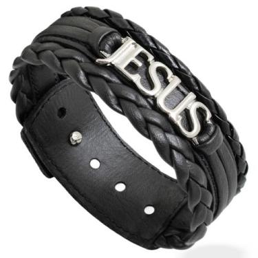 Imagem de Pulseira Ajustável De Couro Masculina Trança Jesus Proteção Preto Marr