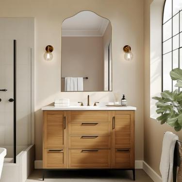 Imagem de ANDY STAR Espelho de parede arqueado recortado de latão, espelho de banheiro irregular dourado escovado de 50 x 76 cm com design curvo para penteadeira, lavabo, lareira, cornija, moldura de aço