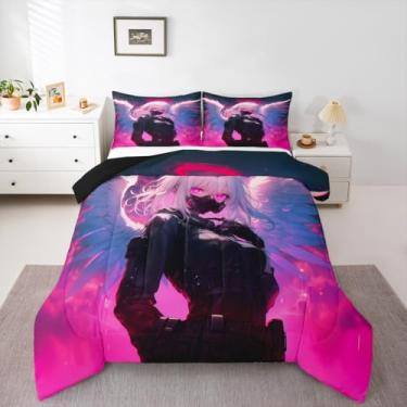 Imagem de Erosebridal Conjunto de edredom solteiro de anime japonês para quarto de crianças, meninas, adolescentes, homens, desenho animado kawaii, animação japonesa, 2 peças com 1 fronha