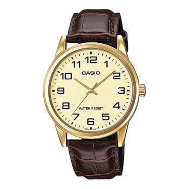 Imagem de Relógio de Pulso Masculino Marca Casio Casual Analógico Redondo Pulseira de Couro Dourado Preto Branco MTP-V001GL