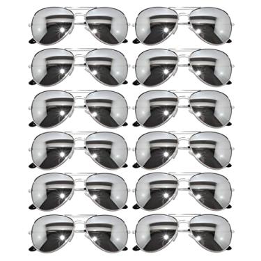 Imagem de OWL Pacote com 12 óculos de sol aviador a granel metal dourado, prata, armação preta para homens e mulheres óculos de festa, Prateado espelhado