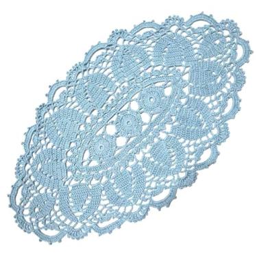 Imagem de BOMHCS Pacote de 1 jogo americano oval de renda para corredor de mesa, largura (25,4 cm a 30,5 cm) x comprimento (50,8 cm a 56 cm), toalha de mesa de crochê feita à mão (1, azul claro)