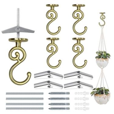 Imagem de Evsteluo Gancho de teto resistente em forma de S, para madeira, concreto e drywall, para pendurar decoração de casa, plantas e muito mais, carga máxima de 18 kg (4, ouro)