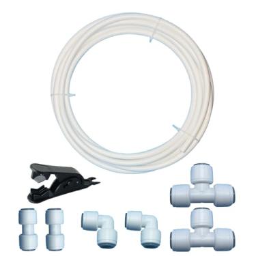 Imagem de Kit de linha de água RO de 8 peças com cortador de tubulação – tubo PE de 6 m 5/40.6 cm + acessórios de conexão de pressão (reto/cotovelo/tee) para instalação de máquina de gelo de geladeira e sistema