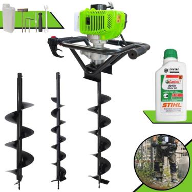 Imagem de Kit Perfurador de Solo Menegotti MPS52 À Gasolina 52cc 1,8HP 9.000rpm Completo Com Conjunto de Brocas 80x10cm, 80x15cm e 80x20cm + ÓLEO STIHL 8017 2T