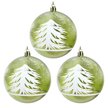 Imagem de Jogo 3 Bolas Natal Verde Decorada Translúcida Pinheiro Nevado 10cm - Magizi