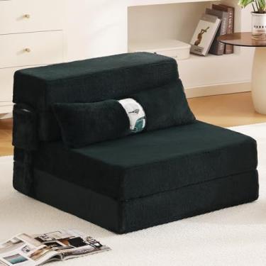 Imagem de TIITA Sofá-cama dobrável, futon de espuma com travesseiro, multifuncional para dormir, relaxar e ler, verde escuro