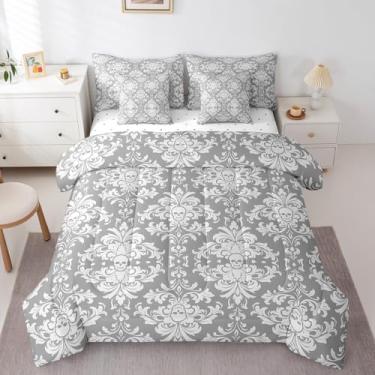 Imagem de jejeloiu Conjunto de edredom com estampa damasco, Queen, 7 peças, vintage, floral, cinza, esqueleto de osso gótico, antigo, vitoriano, barroco, para decoração de quarto