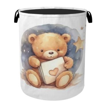 Imagem de Cute Bear Good Night Cesta de roupa suja dobrável de lona com alças - organizador de brinquedos, resistente para casa, quarto, dormitório, banheiro