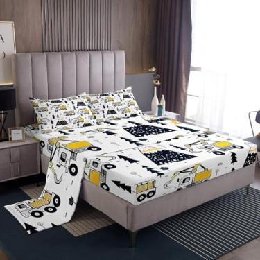 Imagem de Manfei Jogo de cama solteiro de caminhão, escavadeira, veículo de transporte de escavadeira, estampa de árvores abstratas, 3 peças com bolso profundo, plano e 1 fronha, decoração de quarto de crianças