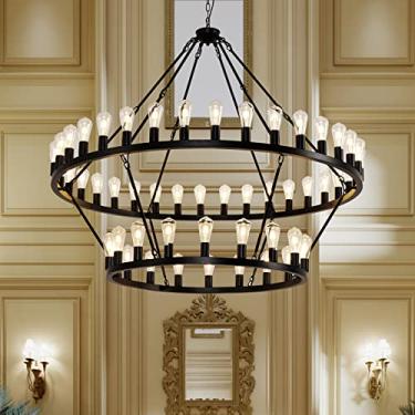 Imagem de Viksroeo Lustre de roda de vagão extra grande preto de 152 cm, corrente ajustável de 2 níveis de 54 luzes para casa de fazenda industrial redonda de teto alto, para sala de jantar, sala de estar