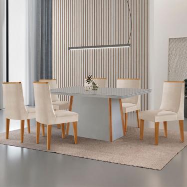 Imagem de Mesa De Jantar Diane 180cm Tampo Mdf Vidro 6 Cadeiras Lisboa Moderna Veludo Creme Off White Naturale Serigrafia