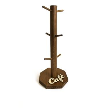 Imagem de Suporte de Xícaras em Madeira Artesanal com Palavra Café - Modelo 6 Ganchos - Decoração Cantinho do Café