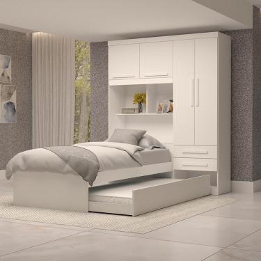 Imagem de Guarda Roupa De Solteiro Escócia 4 Portas Com Cama Auxiliar Linhamobília Branco Rosa Azul Lilás