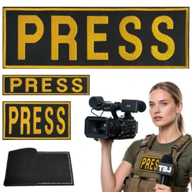 Imagem de JEFUZH Pacote com 3 adesivos de imprensa, emblemas bordados para mochilas, jaquetas, coletes de imprensa, colete de fotógrafo (amarelo)