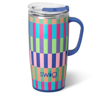 Imagem de Swig Life Caneca de viagem de 623 g, copo isolado com alça e tampa, caneca de café de viagem, compatível com porta-copos, copo de aço inoxidável de 623 g, reutilizável isolado com tampa (faixa Brite)