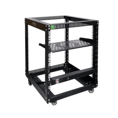 Imagem de RIVECO Rack de servidor 12U de 48 cm com estrutura aberta com rodas + PDU (8 tomadas) protetor contra surtos + 1U prateleira prateleira cantilever conjunto preto