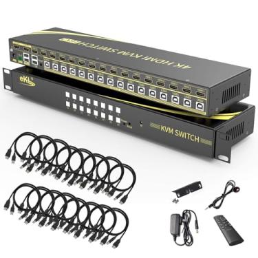 Imagem de eKL Interruptor HDMI KVM de 16 portas suporta teclas de atalho alternando até 4K @60Hz 4:4:4 16 PCs laptops compartilhando com um conjunto de teclado e mouse