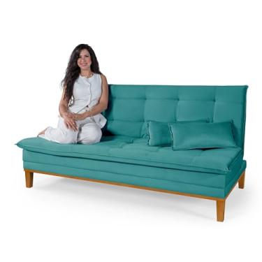 Imagem de Sofá Cama Melim Casal Premium 2 Lugares com Banquetas Revestimento Suede Turquesa Multifuncional 3 em 1 Reclinável Aconchegante